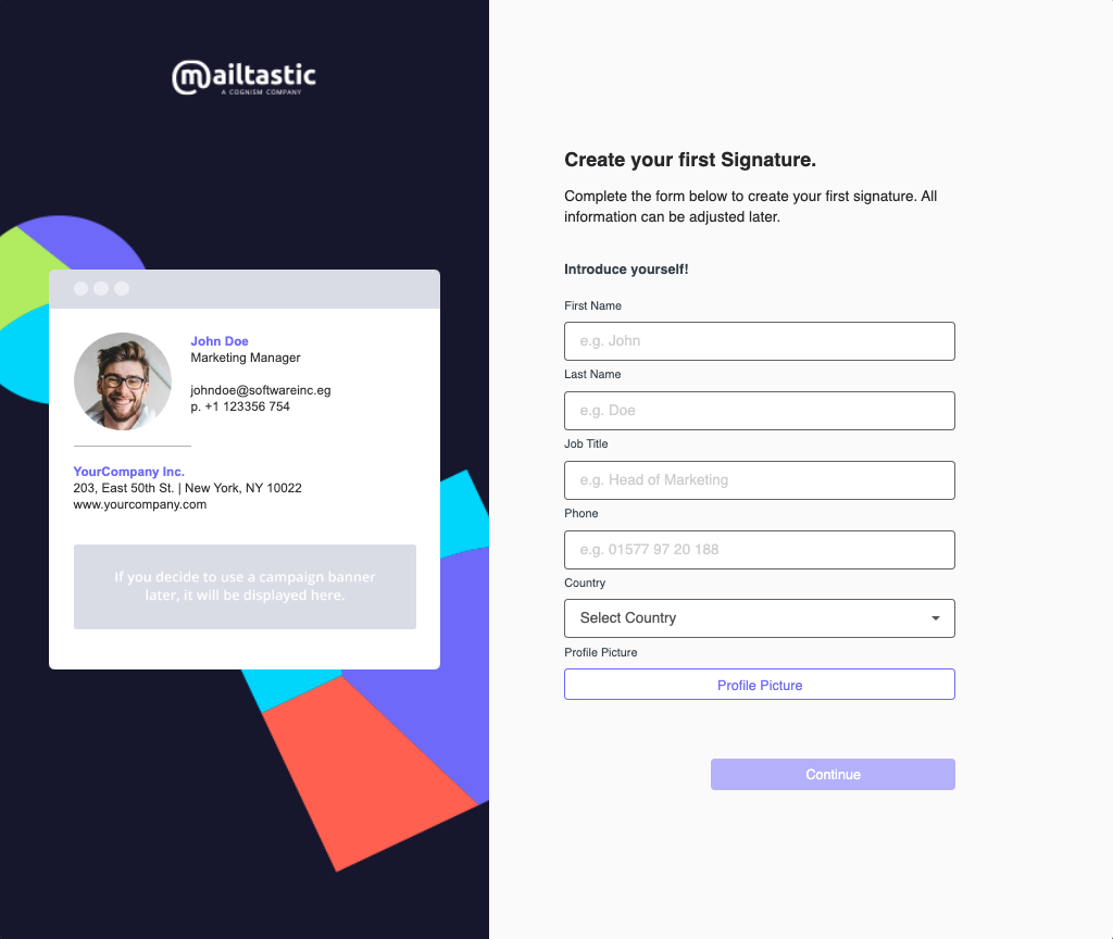 Enter your contact details to start creating your first signature with Mailtastic.