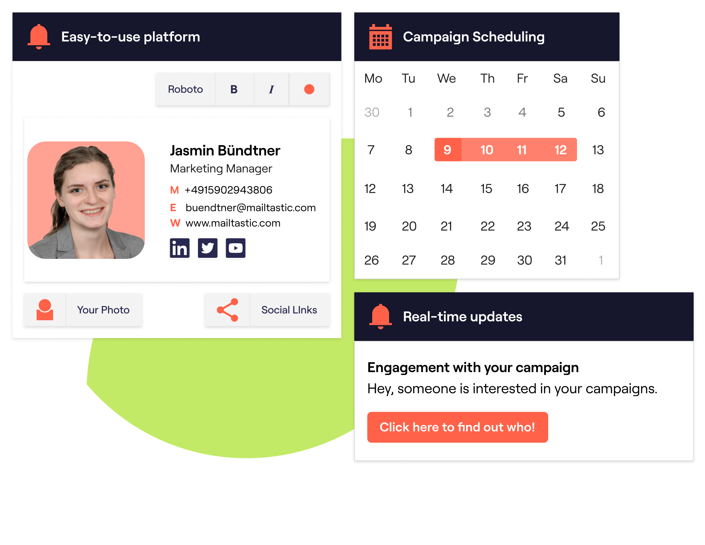 Easy-to-use signature generator, schedule campaigns and receive engagement notifications Easy-to-use signature generator, schedule campaigns and receive engagement notifications
